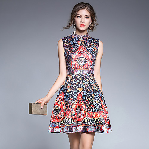 

Women's A Line Dress Short Mini Dress Red Sleeveless Patchwork Stand Collar Vintage Streetwear Sophisticated Party Going out Slim S M L XL