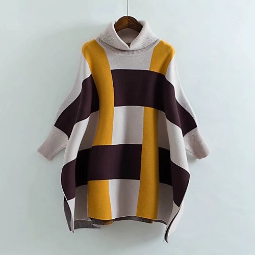 

Women's Casual Striped Cloak / Capes Cotton Long Sleeve Long Sweater Cardigans Turtleneck Spring Fall Red Yellow / Going out