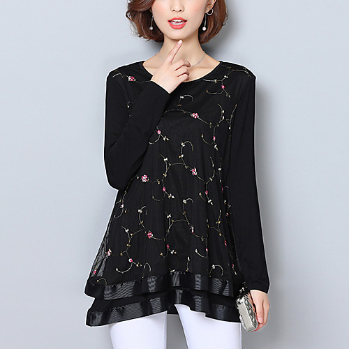 

Women's Blouse Floral Plus Size Mesh Long Sleeve Daily Tops Streetwear Black