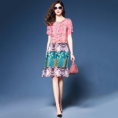 

Women's Loose Knee Length Dress Blushing Pink Short Sleeve Color Block Split Print Fall Summer Round Neck M L XL XXL 3XL / Plus Size