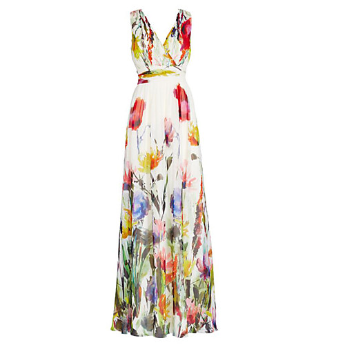 

Women's Swing Dress Maxi long Dress White Sleeveless Butterfly Floral Print Summer V Neck Floral S M L XL