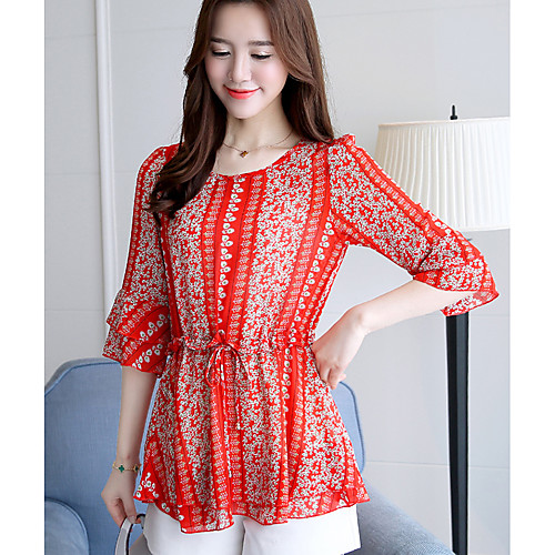 

Women's Blouse Floral Short Sleeve Daily Tops Red Yellow Navy Blue