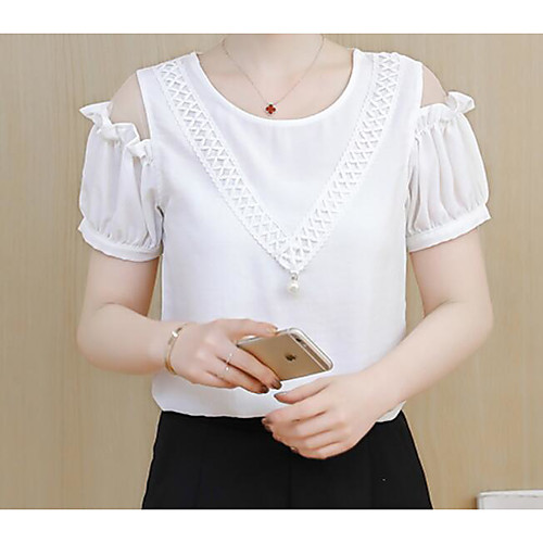 

Women's Blouse Solid Colored Cut Out Lace Short Sleeve Daily Tops Cotton White Red Yellow