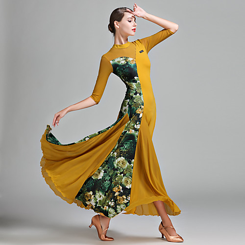 

Ballroom Dance Dress Pattern / Print Splicing Women's Half Sleeve Natural Tulle Lycra Ice Silk