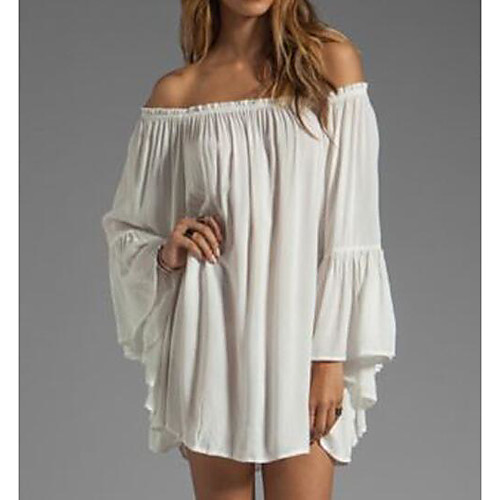 

Women's Chiffon Dress Short Mini Dress White Black Blushing Pink Light Green Long Sleeve White Solid Colored Summer Boat Neck Off Shoulder S M L XL XXL 3XL / Plus Size