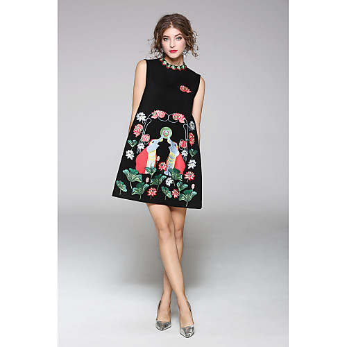 

Women's Sheath Dress Knee Length Dress Black Sleeveless Solid Colored Print Fall Round Neck Classic & Timeless Loose Embroidery S M L XL XXL / Floral