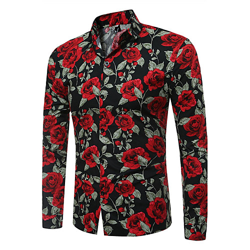 

Men's Floral Print Slim Shirt Vintage Daily Going out White / Black / Long Sleeve