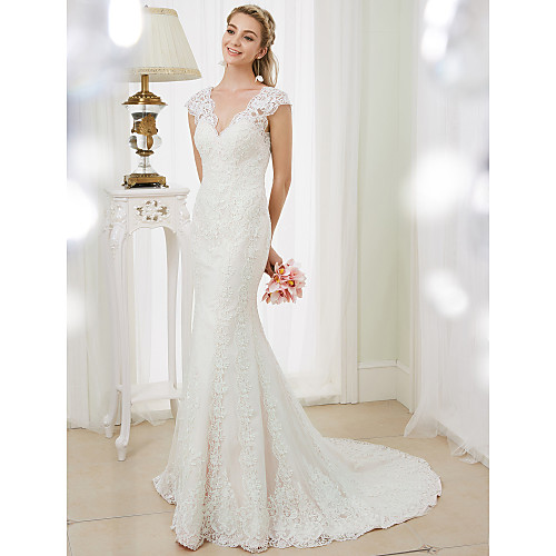 

Mermaid / Trumpet Wedding Dresses V Neck Court Train Corded Lace Cap Sleeve Open Back Floral Lace with Appliques 2021