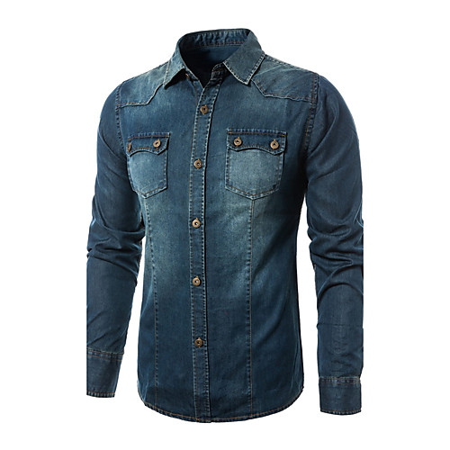 

Men's Shirt Color Block Denim Long Sleeve Daily Tops Cotton Blue