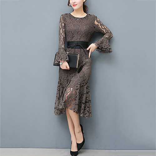 

Women's Lace Midi Dress Black Gray Long Sleeve Solid Colored Cut Out Lace Fall Winter Round Neck Streetwear Flare Cuff Sleeve M L XL XXL