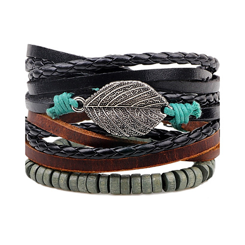 

Men's Bead Bracelet Leather Bracelet Leaf Personalized Fashion Leather Bracelet Jewelry Black For Daily Stage Street Going out Club / Wood