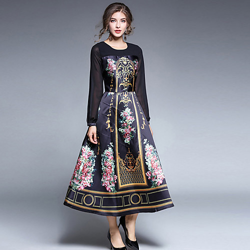 

Women's A Line Dress Midi Dress Black Long Sleeve Print Fall Round Neck Streetwear Chinoiserie Sophisticated Going out M L XL XXL