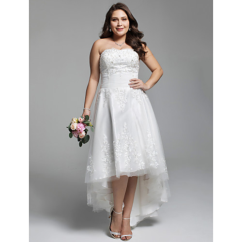 

A-Line Wedding Dresses Strapless Asymmetrical Lace Tulle Strapless Little White Dress Open Back with Ruched Beading Appliques 2021