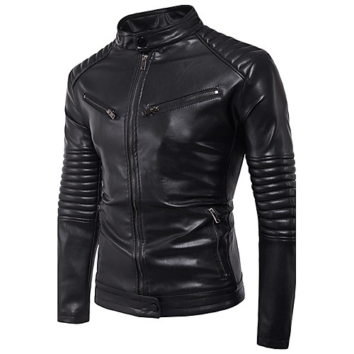 

Men's Leather Jackets Solid Colored Fall Faux Leather Jacket Regular Daily Long Sleeve PU Coat Tops Black