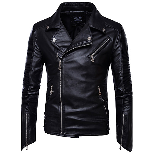 

Men's Leather Jackets Solid Colored Basic Fall Notch lapel collar Jacket Regular Daily Long Sleeve PU Coat Tops Black