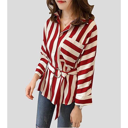 

Women's Blouse Striped Patchwork Long Sleeve Daily Tops Cotton Blue Red