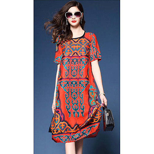 

Women's A Line Dress Knee Length Dress Orange Short Sleeve Tribal Print Summer Round Neck Vintage Streetwear Holiday Going out M L XL XXL