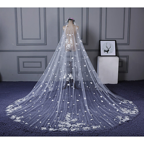 

One-tier Lace Applique Edge Wedding Veil Cathedral Veils with Scattered Bead Floral Motif Style / Appliques Lace / Tulle / Classic