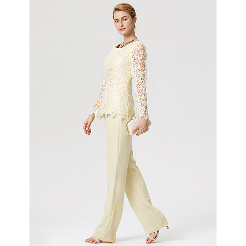 

Jumpsuits Sheath / Column Pantsuit / Jumpsuit Mother of the Bride Dress Two Piece See Through Jumpsuits Jewel Neck Floor Length Chiffon Lace Long Sleeve with Lace 2021