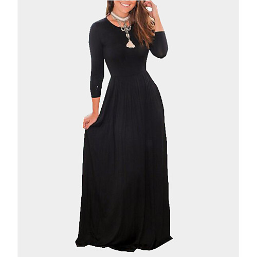 

Women's Swing Dress Maxi long Dress Black Long Sleeve Solid Colored Fall Winter Round Neck Cotton