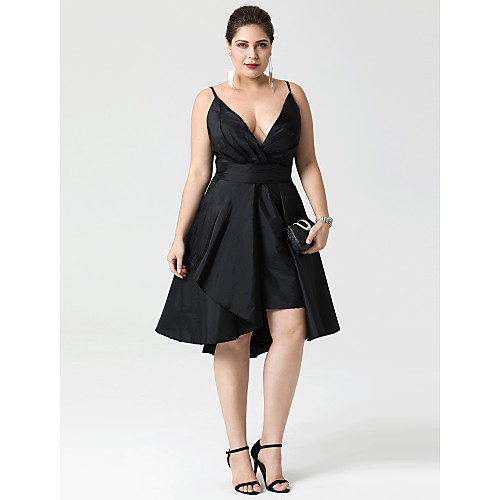 

A-Line Fit & Flare Little Black Dress Convertible Dress Cute Holiday Homecoming Cocktail Party Dress Plunging Neck Sleeveless Asymmetrical Taffeta with Buttons Pleats 2021