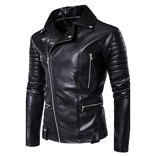 

Men's Leather Jackets Solid Colored Basic Fall Notch lapel collar Jacket Regular Daily Long Sleeve PU Coat Tops Black