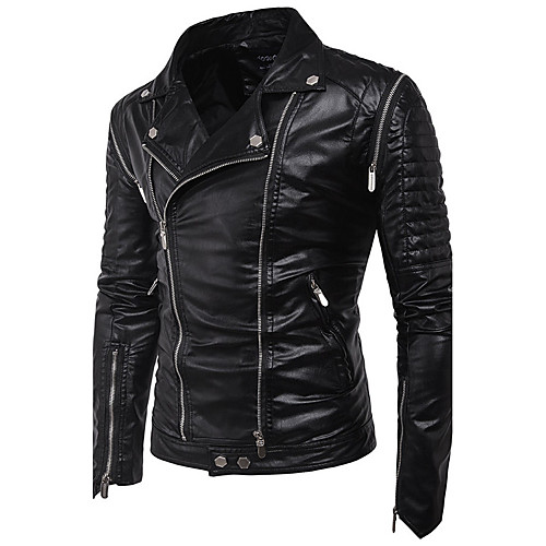 

Men's Leather Jackets Solid Colored Punk & Gothic Fall Faux Leather Jacket Regular Daily Long Sleeve PU Coat Tops Black