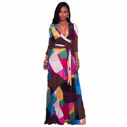 

Women's Swing Dress Maxi long Dress Rainbow 3/4 Length Sleeve Geometric Print Fall Spring Deep V Boho Fine Stripe S M L XL
