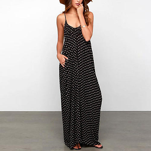 

Women's Strap Dress Maxi long Dress Black Sleeveless Polka Dot Fall Summer Vintage S M L XL