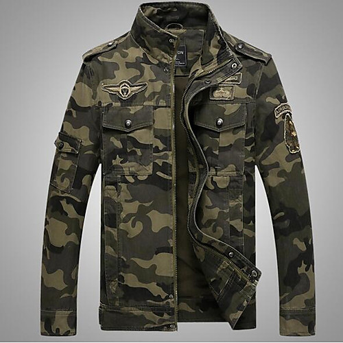 

Men's Daily / Weekend Military Fall Regular Jacket, Camo / Camouflage Stand Long Sleeve Cotton Army Green / Khaki