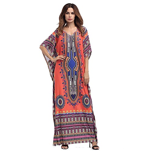 

Women's Loose Maxi long Dress Black Blue Red Yellow Orange Half Sleeve Geometric Summer All Seasons V Neck Vintage Boho Flare Cuff Sleeve Boho Bohemia Beach One-Size