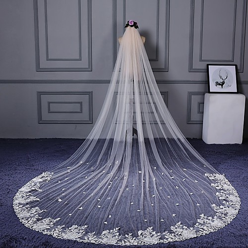 

One-tier Cut Edge / Lace Applique Edge Wedding Veil Cathedral Veils with Scattered Bead Floral Motif Style / Appliques Lace / Tulle / Classic