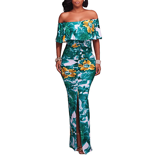 

Women's Bodycon Maxi long Dress Blue Red Green Short Sleeve Floral Backless Split Ruffle Spring Summer Boat Neck Vintage Boho Off Shoulder S M L XL