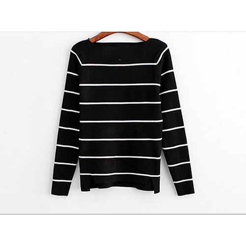 

Women's Striped Pullover Cotton Long Sleeve Regular Sweater Cardigans Boat Neck Spring Fall Black Fuchsia / Going out / Fine Stripe