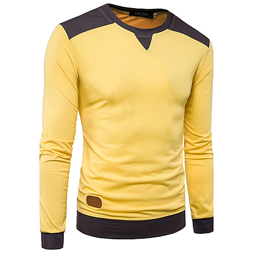 

Men's T shirt Color Block Long Sleeve Daily Tops Cotton Basic Yellow Light gray