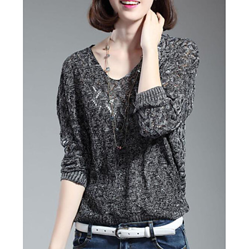 

Women's Jacquard Solid Colored Pullover 3/4 Length Sleeve Regular Sweater Cardigans Round Neck Spring Fall Light gray Dark Gray