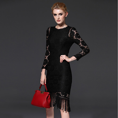 

Women's Sheath Dress Short Mini Dress Black Long Sleeve Solid Colored Lace Fall Spring Round Neck Streetwear Going out Cotton Slim Tassel S M L XL