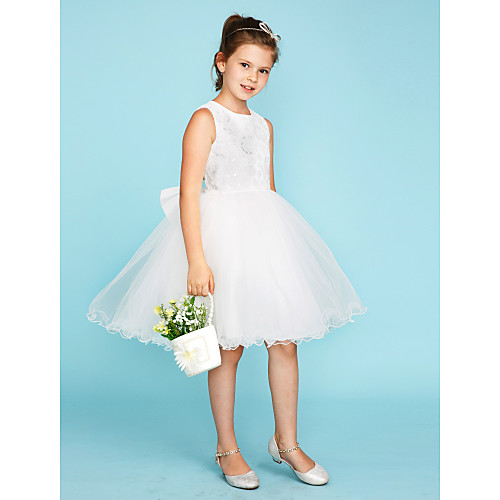 

Ball Gown Crew Neck Knee Length Lace / Tulle Junior Bridesmaid Dress with Bow(s) / Wedding Party