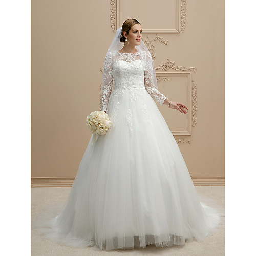 

Ball Gown Wedding Dresses Jewel Neck Chapel Train Lace Over Tulle Long Sleeve Glamorous See-Through Illusion Sleeve with Pearl Lace Appliques 2021