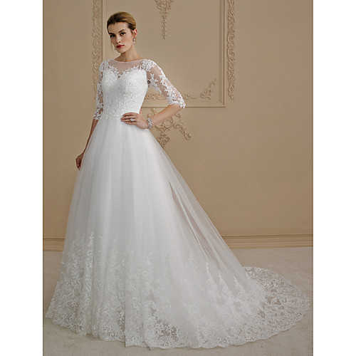 

Ball Gown Wedding Dresses Bateau Neck Court Train Lace Over Tulle 3/4 Length Sleeve Glamorous Plus Size Backless Illusion Sleeve with Buttons Appliques 2021