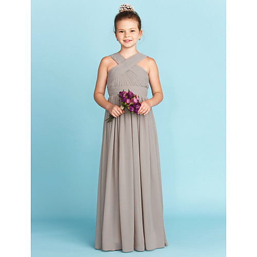 

A-Line / Princess V Neck Floor Length Chiffon Junior Bridesmaid Dress with Sash / Ribbon / Criss Cross / Wedding Party / Open Back