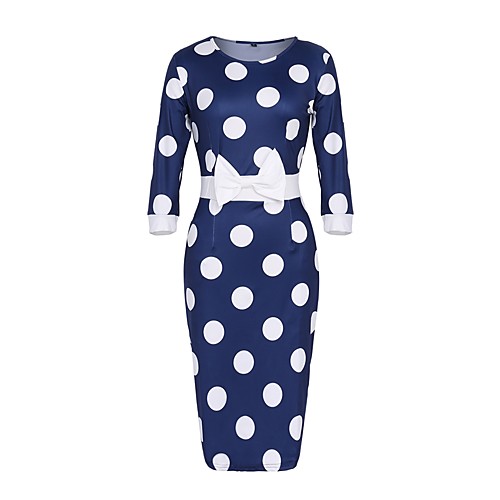 

Women's Sheath Dress Knee Length Dress White Blue 3/4 Length Sleeve Blue Polka Dot Print Fall Summer Round Neck Vintage S M L XL XXL 3XL / Plus Size