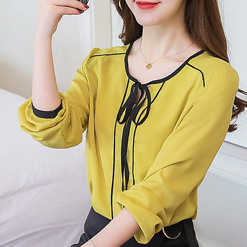

Women's Blouse Solid Colored Long Sleeve Daily Tops White Yellow Lavender