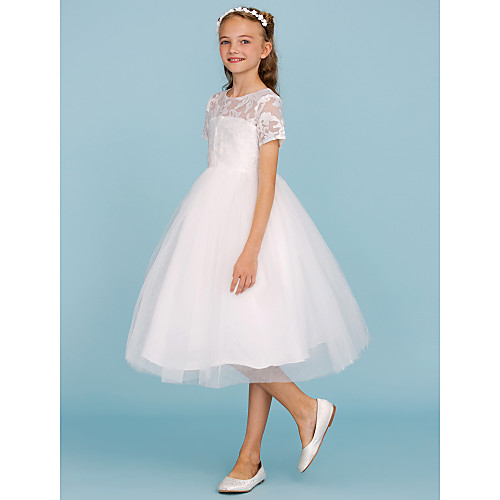 

Princess / A-Line Knee Length Wedding / First Communion Flower Girl Dresses - Lace / Tulle Short Sleeve Crew Neck with Pleats