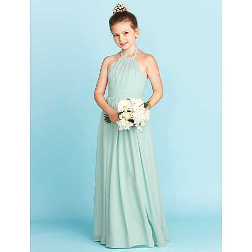 

Princess / A-Line Halter Neck Floor Length Chiffon Junior Bridesmaid Dress with Sash / Ribbon / Pleats / Wedding Party / Open Back