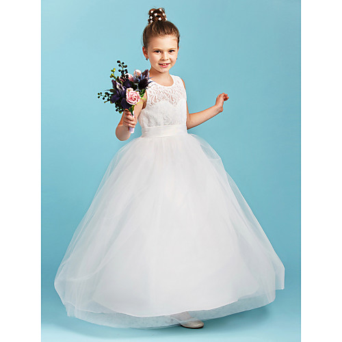 

Princess / A-Line Jewel Neck Floor Length Lace / Tulle Junior Bridesmaid Dress with Sash / Ribbon / Wedding Party / See Through