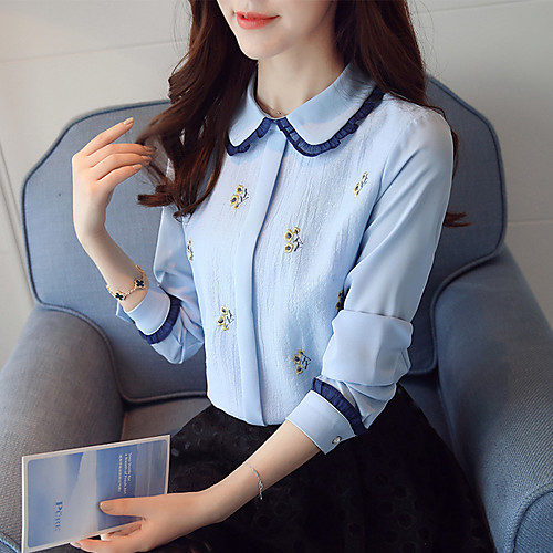 

Women's Blouse Embroidery Long Sleeve Daily Tops Blue