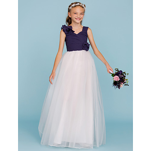 

Princess / A-Line Straps Floor Length Chiffon / Tulle Junior Bridesmaid Dress with Criss Cross / Ruched / Flower / Color Block / Floral / Wedding Party