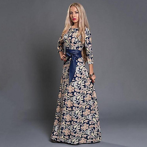 

Women's Sheath Dress Maxi long Dress Blue 3/4 Length Sleeve Floral Print Fall Winter Round Neck Boho S M L XL