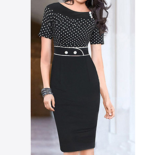 

Women's Sheath Dress Knee Length Dress Black Short Sleeve Black Polka Dot Fall Spring Round Neck Streetwear Cotton M L XL XXL
